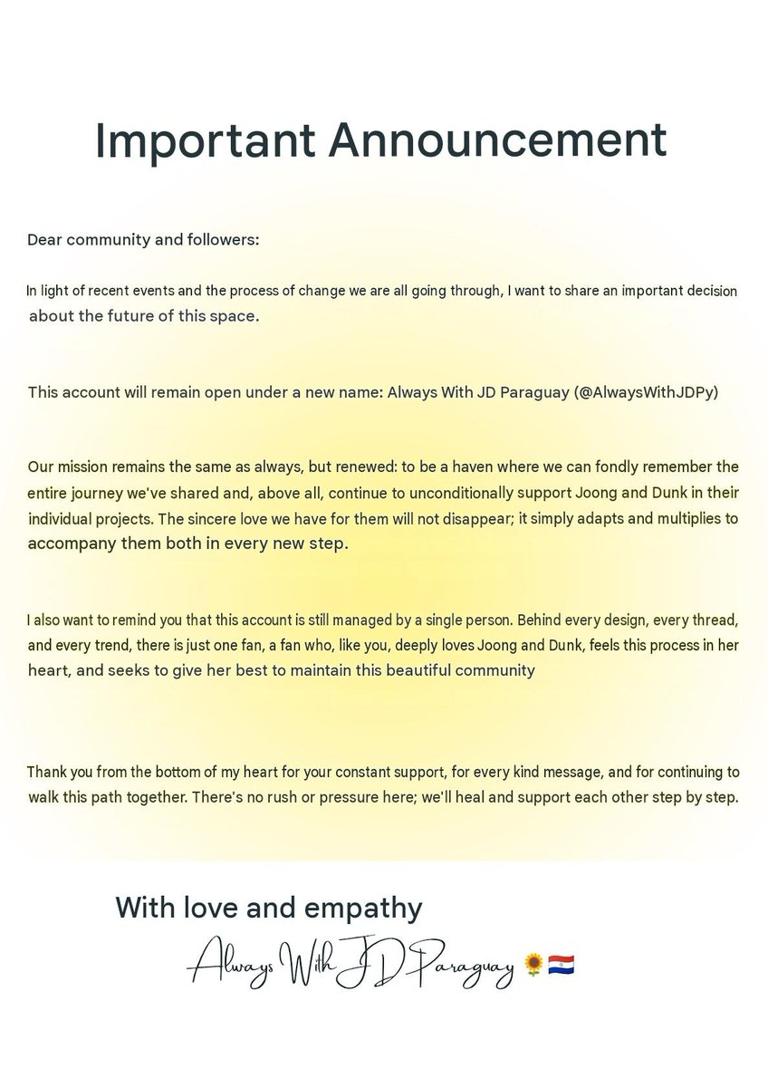 AlwaysWithJD_py's tweet photo. A heartfelt message to all of you. We've changed our name, but our love and commitment to supporting you both remain unchanged. Thank you for being here. 🌻💛

#JoongDunk #จุงดัง https://t.co/zUTKI3VRn8
