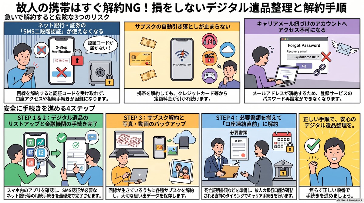 digitalendnote's tweet photo. 故人のスマホ解約、3つの罠。
　
【解約前の要注意事実】
・2段階認証不能：口座へアクセス遮断
・解約後30日：クラウドデータ永久消滅
・未払い発生：クレカ停止でサービス連鎖停止
　
最低でも「49日」を過ぎるまでは解約せず維持するのが鉄則です。
https://t.co/M540ID5UI8 https://t.co/YRSyZNeNRk