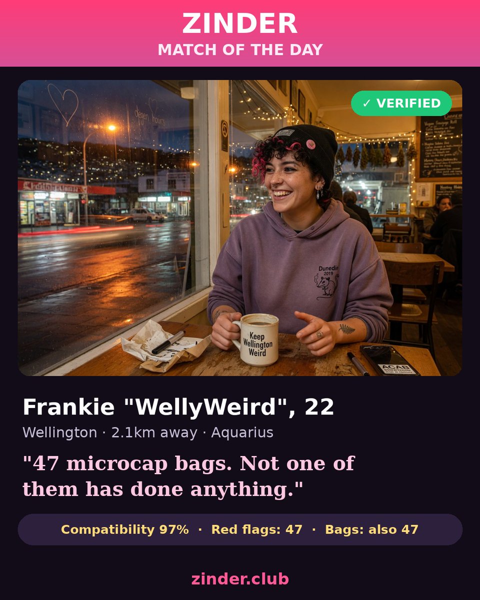 zindersol's tweet photo. Match of the day ☕

Frankie, 22, Wellington. 47 microcap bags, none doing anything. Dumped her ex for not letting her explain the chart to the whole party.

First date: flat white, a protest, then two hours on candles. Not the scented kind.

https://t.co/aSecfIiBTc https://t.co/EUpoyeDmZp