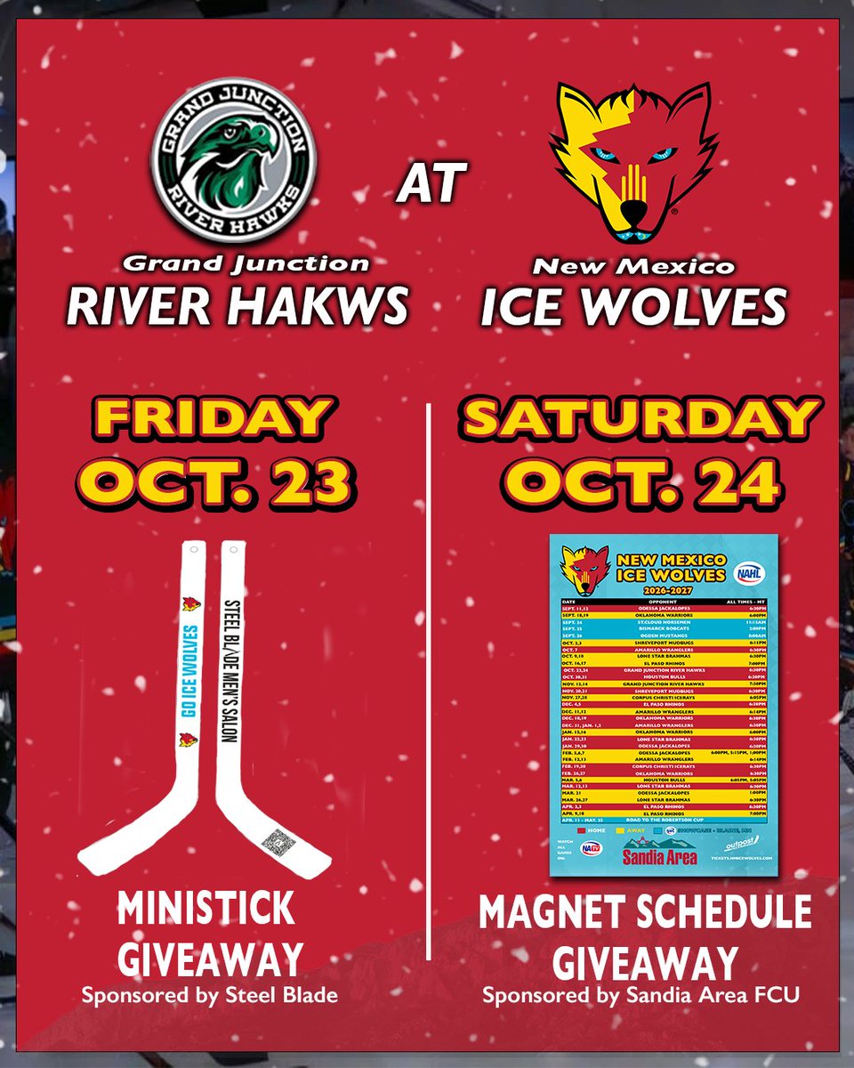 NMIceWolves's tweet photo. We've got back to back giveaways this weekend! Join us Friday to receive an Ice Wolves ministick, and Saturday for a magnet schedule!

🎟 Tickets at https://t.co/iOx8zud2Ct https://t.co/EomjcXZEMB