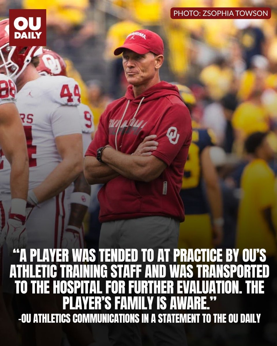 OUDaily's tweet photo. Breaking news: A spokesperson for OU Athletics confirmed to the Daily that a #Sooners football player was transported to the hospital after being tended to by athletic training staff during practice Wednesday. The spokesperson declined to identify the player. https://t.co/5gBNncv90K