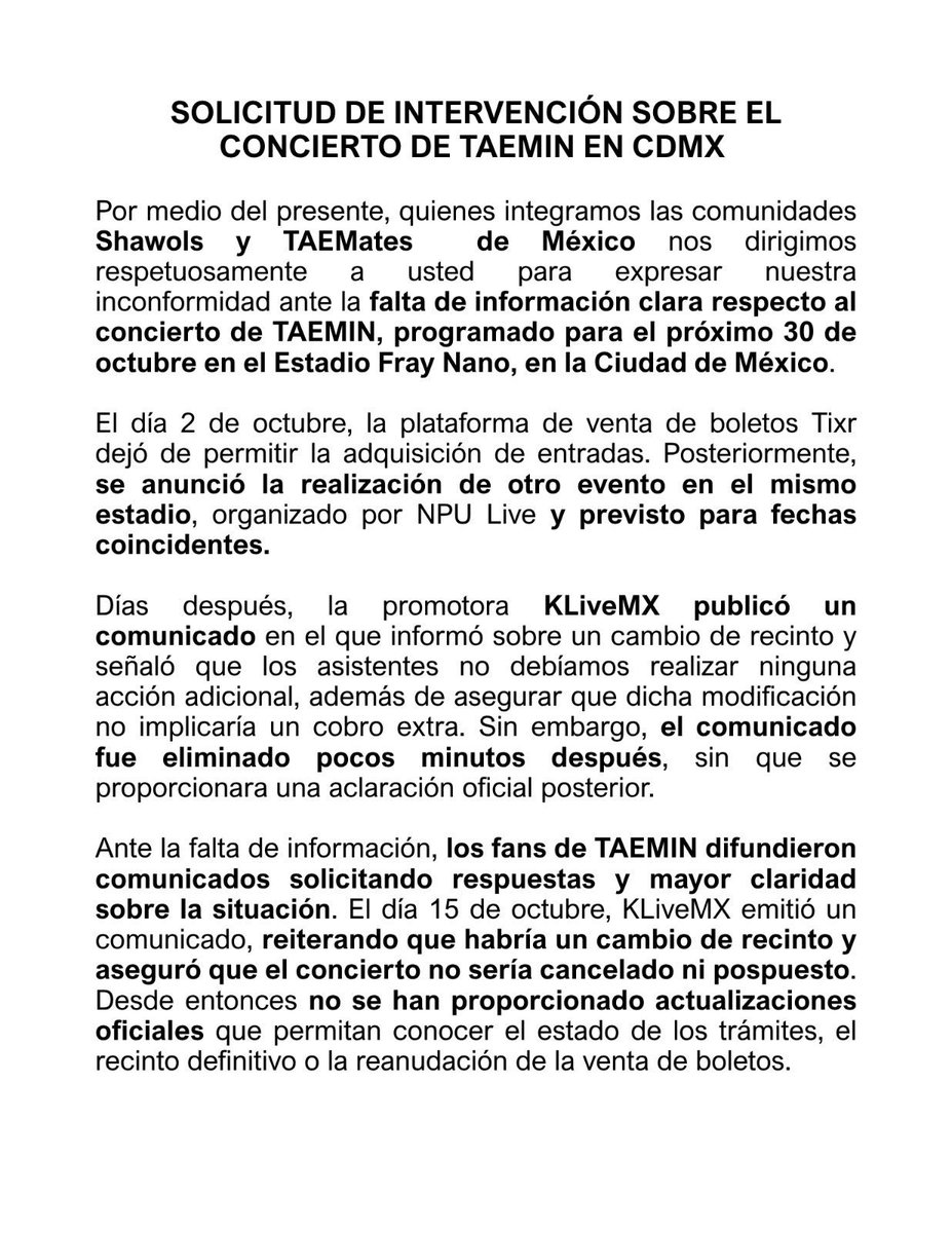 Itza_p_r's tweet photo. Ya fuimos muy pacientes!!! Necesitamos respuestas oficiales!! 
#NeedAnswersNow_Liminal_CDMX #RespectTAEMates #Claridad_Liminal_TAEMIN_CDMX #LalnformaciónEsUnDerecho

@ZepedaBros @Tixr_ @AtencionProfeco @Profeco @Taemin_Xoalsox_ @TAEMIN_STAFF https://t.co/Z7Pi8u7Bfw