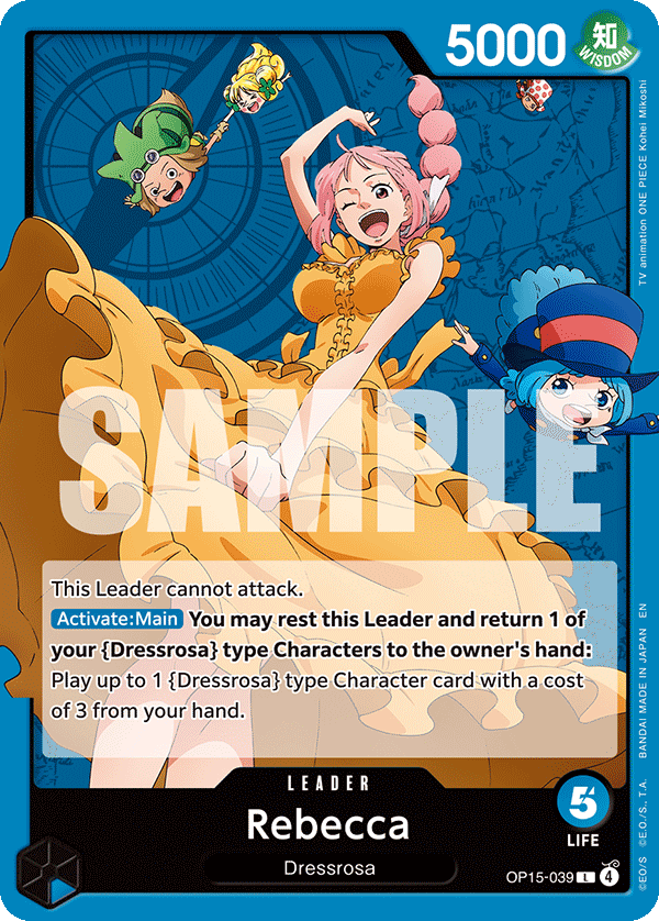 OptcgApps's tweet photo. blue rebecca (OP15-039) getting a sunflower alt art in heroines vol.2 is a glow up nobody saw coming. a leader that can't attack, just rests to bounce a dressrosa guy and drop a 3 cost from hand. pure value engine, now pretty too #OPTCG #EB05 https://t.co/sZxT9KeKPh