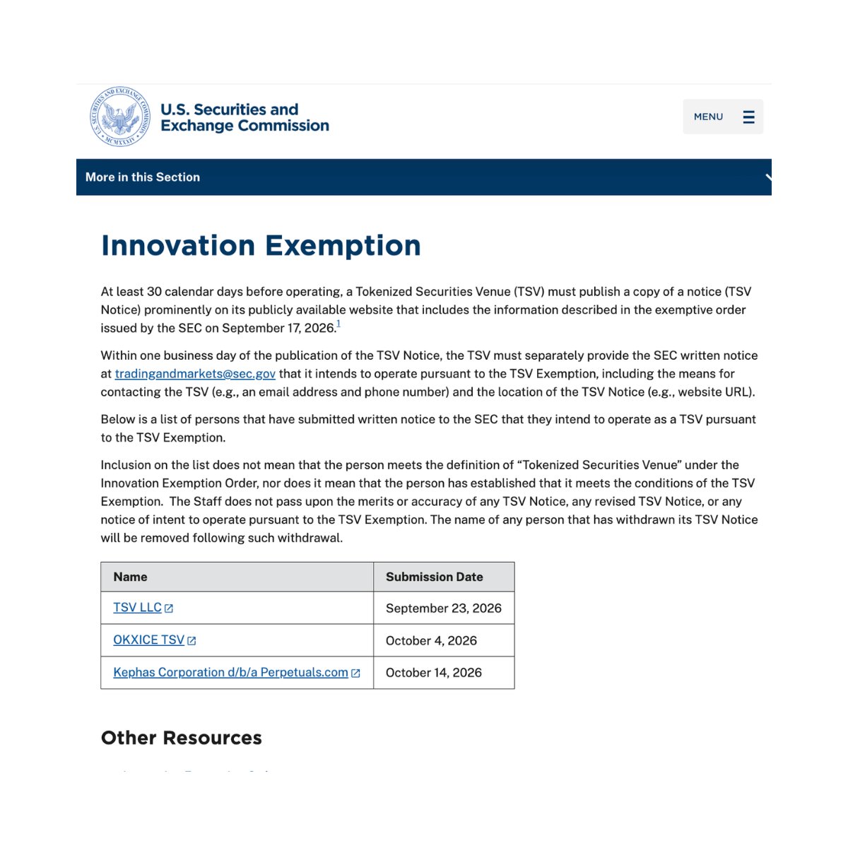TheBlockCo's tweet photo. THE BLOCK: SEC lists three firms that have filed notices to operate tokenized securities venues under its Innovation Exemption: TSV LLC, OKXICE TSV, and Perpetuals[dot]com (Kephas Corporation).

"Inclusion on the list does not mean that the person meets the definition of 'Tokenized Securities Venue' under the Innovation Exemption Order, nor does it mean that the person has established that it meets the conditions of the TSV Exemption," the SEC noted.