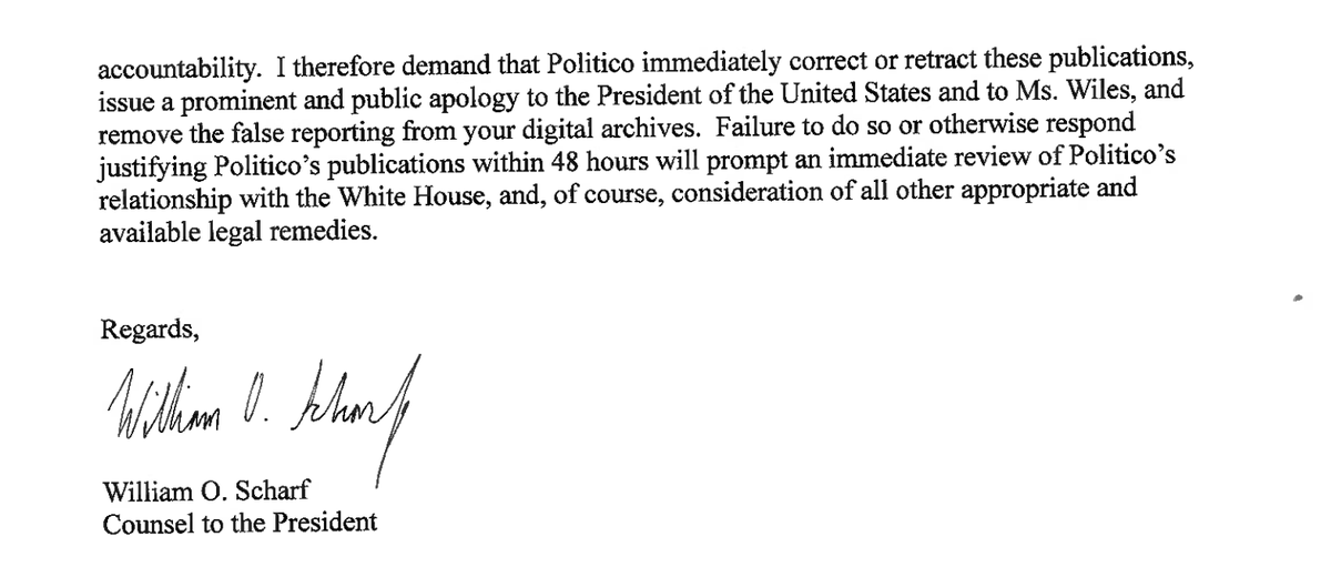 shashj's tweet photo. Quite a letter from White House to Politico. https://t.co/m5oYjeoMwc