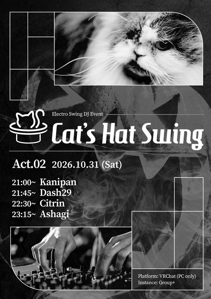 cra_bread_'s tweet photo. 【イベント告知】 Cat’s Hat Swing Act.02

🗓 2026/10/31 (Sat.) 
🕔 21:00 START

ハロウィン当日の夜は🎺🎃
Electro Swingで一緒に踊り明かしませんか？

🌐 Platform: VRChat (PC only)
👥 Instance: Group+
🔑 Join: Any DJs

#Cats_Hat_Swing #VRChat #ElectroSwing
 https://t.co/z4RrYW6NI7 https://t.co/zfvt1oW34T