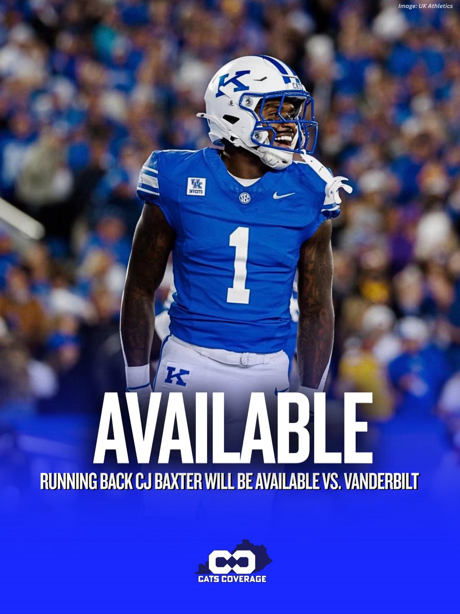 Cats_Coverage's tweet photo. CJ Baxter will be available to play versus Vanderbilt this Saturday. https://t.co/if1rhPbPTe