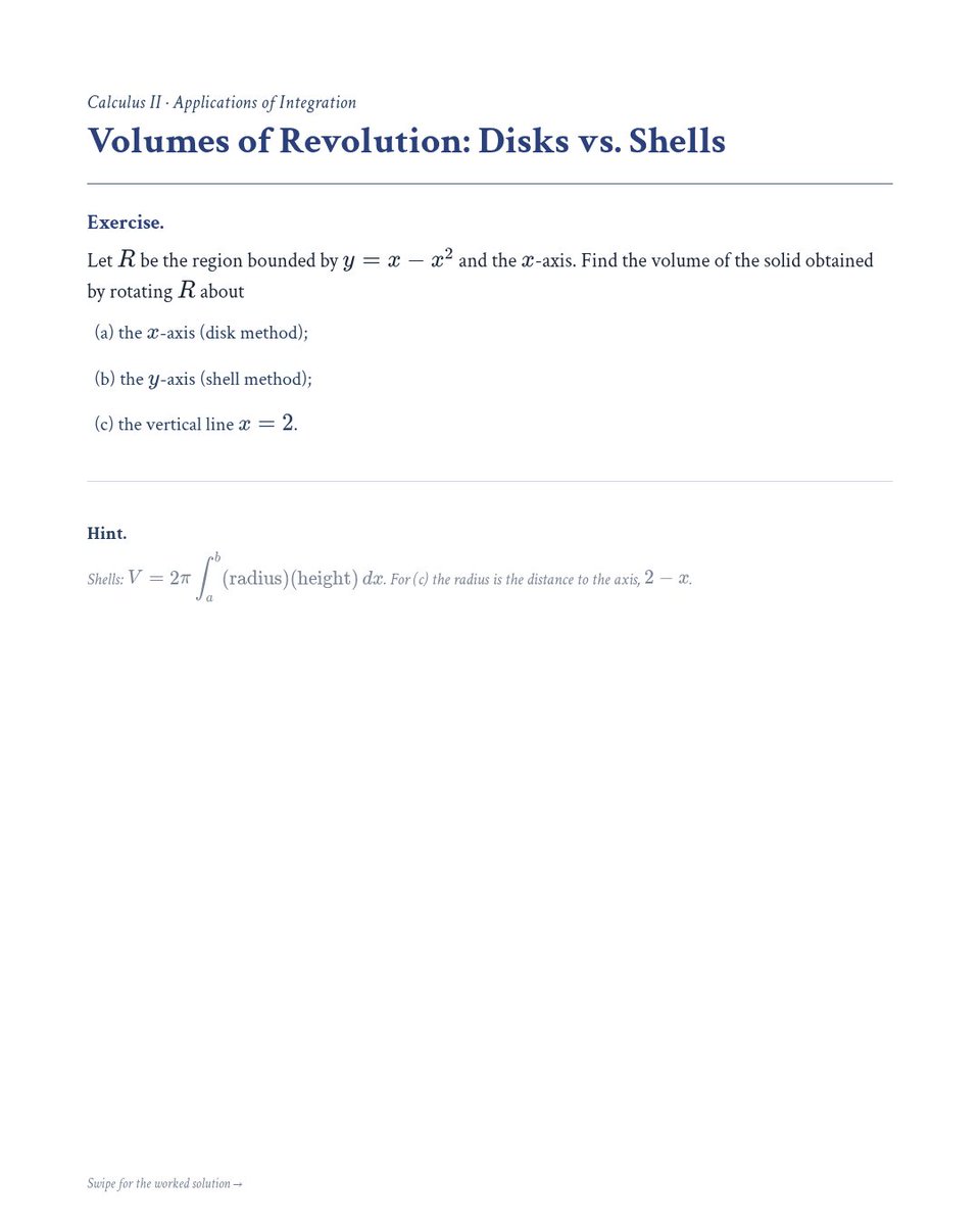 tutorhublucas's tweet photo. Calc II · Volumes of Revolution

Spin the region under y = x − x² about the x-axis, y-axis, and x = 2: π/30, π/6, π/2
Swipe for steps

Stuck? Ask a free human tutor &amp; study together on Discord:
https://t.co/DRMxsV1OQM
Lucas: https://t.co/qjYLJ04nk9
#Calculus #CollegeMath https://t.co/ZFf1eXHIyG