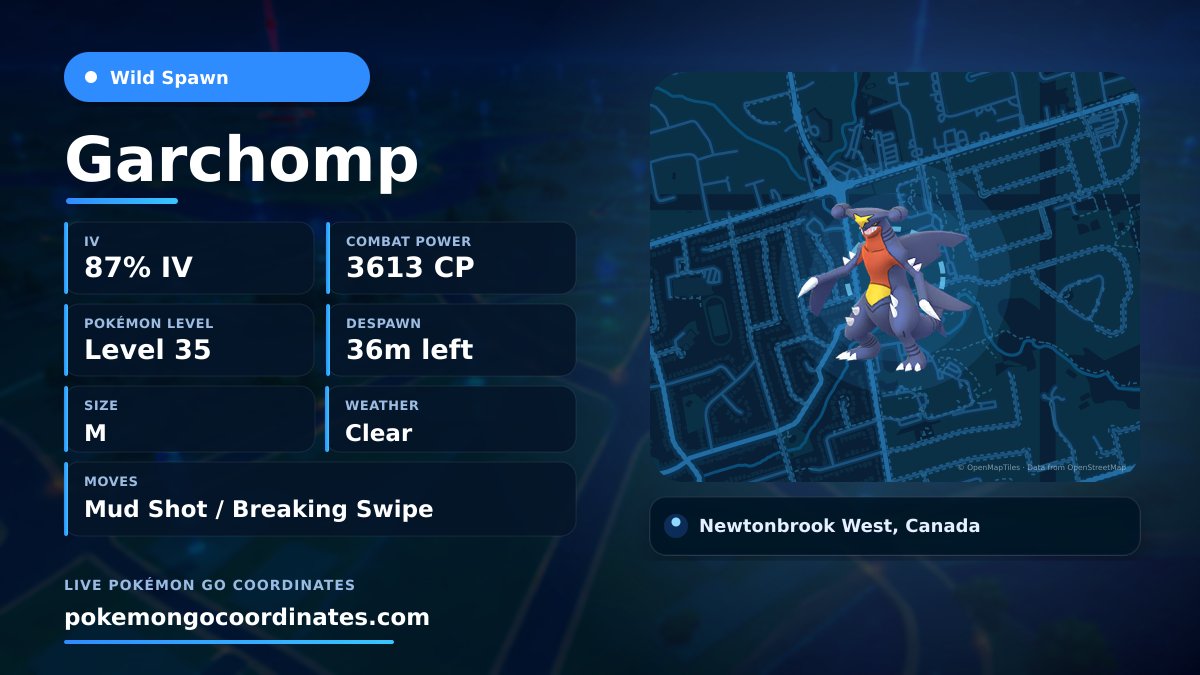 CoordsPokemonGo's tweet photo. Rare #Garchomp Wild Spawn
87% IV • 3613 WP • Level 35 • Size M
Moves: Mud Shot/Breaking Swipe
Weather: Clear
🇨🇦 Newtonbrook West, Canada
Despawns in 36 minutes
43.800503,-79.393760

#MaxedSpawn • #Shundo https://t.co/BWJ4dGMxzW