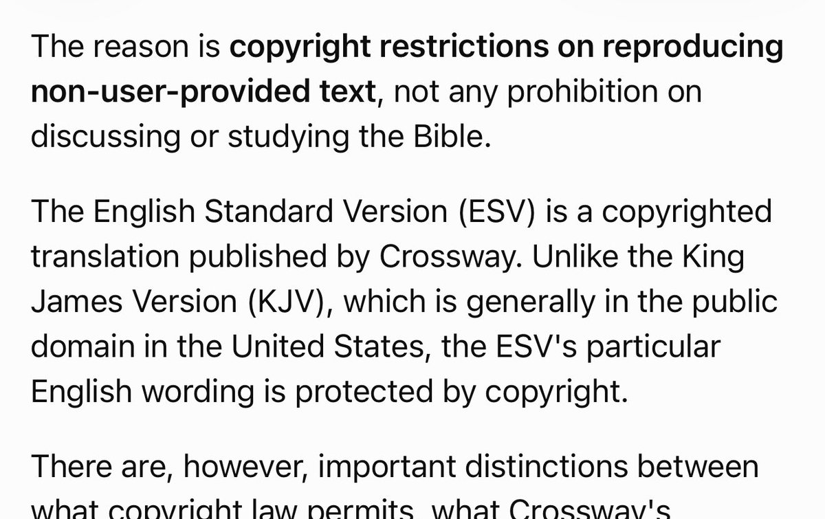 thisccray's tweet photo. Would really appreciate if @crossway could find a way to work this out with @OpenAI. Never thought I’d see a copyright block on scripture. https://t.co/jDKZWocyMg