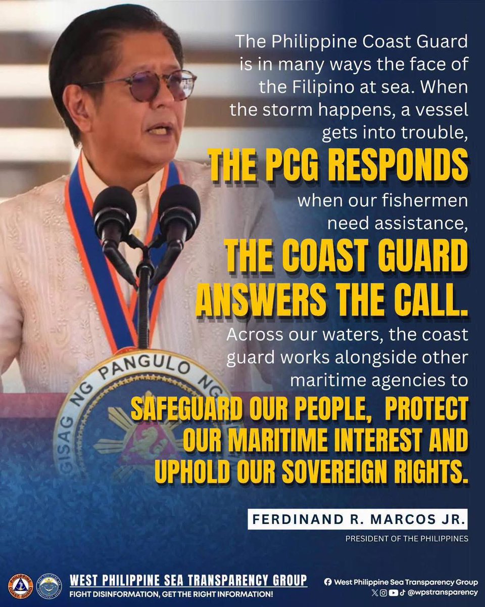 wpstransparency's tweet photo. 𝐏𝐑𝐄𝐒𝐈𝐃𝐄𝐍𝐓 𝐌𝐀𝐑𝐂𝐎𝐒 𝐇𝐀𝐈𝐋𝐒 𝐏𝐂𝐆 𝐀𝐒 𝐅𝐑𝐎𝐍𝐓𝐋𝐈𝐍𝐄 𝐃𝐄𝐅𝐄𝐍𝐃𝐄𝐑 𝐎𝐅 𝐏𝐇𝐈𝐋𝐈𝐏𝐏𝐈𝐍𝐄 𝐒𝐄𝐀𝐒 𝐀𝐍𝐃 𝐒𝐎𝐕𝐄𝐑𝐄𝐈𝐆𝐍 𝐑𝐈𝐆𝐇𝐓𝐒

President Ferdinand R. Marcos Jr. underscored the vital role of the 𝐏𝐡𝐢𝐥𝐢𝐩𝐩𝐢𝐧𝐞 𝐂𝐨𝐚𝐬𝐭 𝐆𝐮𝐚𝐫𝐝 as the country’s frontline maritime responder during the PCG Change of Command Ceremony held at Manila Port Harbor on October 19, 2026.

In his speech, the President highlighted the PCG’s commitment to assisting vessels in distress, responding to maritime emergencies, and providing aid to Filipino fishermen in need. The President also emphasized the Coast Guard’s collaboration with other maritime agencies in safeguarding the public, protecting the country’s maritime interests, and upholding its sovereign rights across Philippine waters.

Source: Source: https://t.co/urmEj560s1