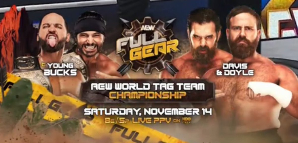 WrestlePurists's tweet photo. 🚨 JUST ANNOUNCED 

Mark Davis &amp; Jake Doyle get their AEW World Tag Team Championship shot against the Young Bucks at Full Gear! 

#AEWDynamite https://t.co/1ppeov0tvz