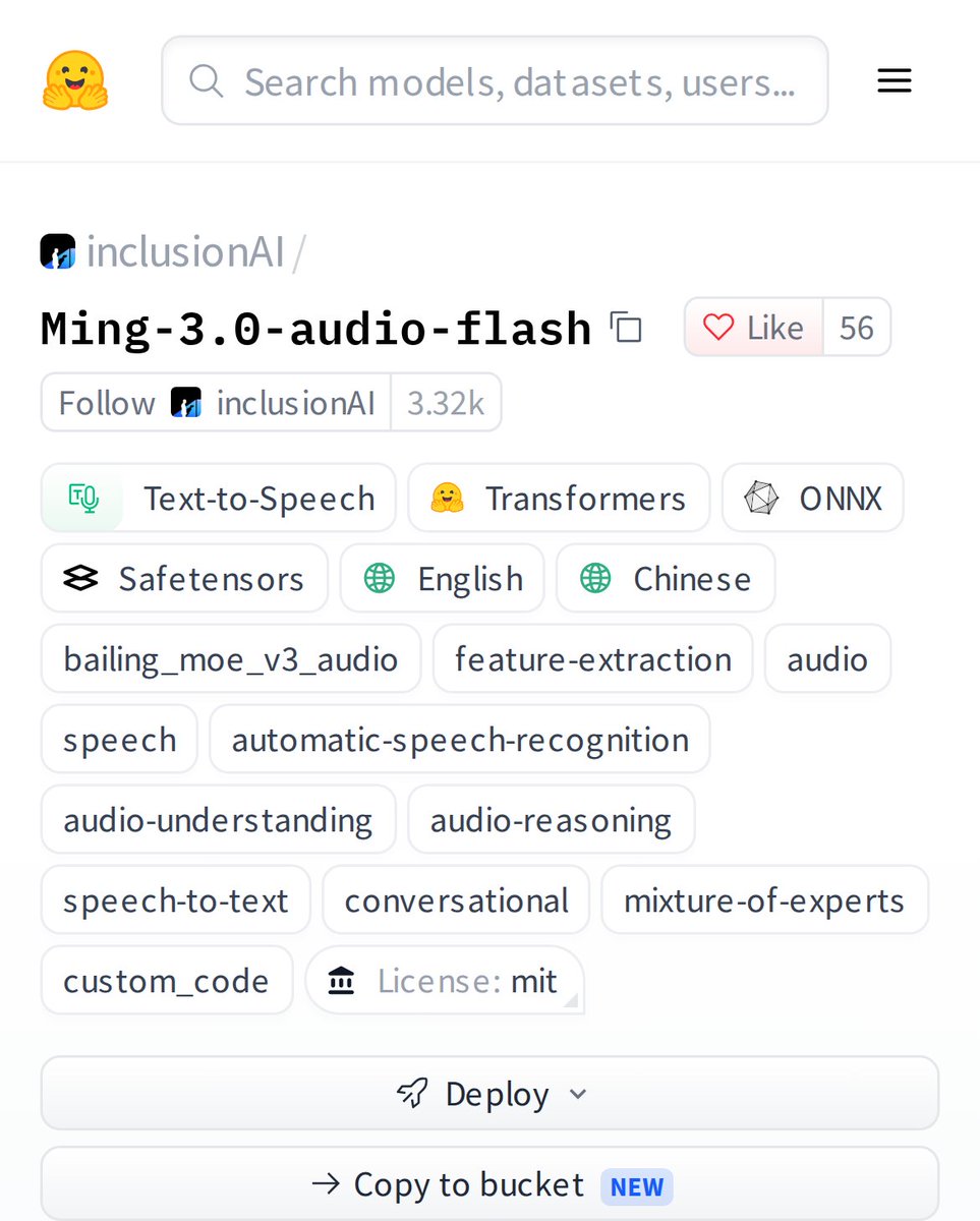 HuggingModels's tweet photo. Meet Ming-3.0-audio-flash: a text-to-speech model that also does ASR, audio understanding, and reasoning. Built on transformers with ONNX and safetensors. Small but mighty for audio AI. https://t.co/q7XKAO5VHS