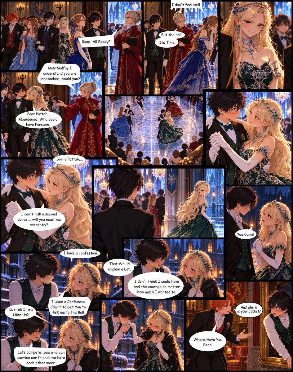 Greasy__Bear's tweet photo. Reupload of Yule Ball Pt 2 with new format. I plan to do the battle of Hogwarts next. and plan to do the half blood prince and some scenes from the early books, but in my head cannon Malfoid and Harry have no real relationship until the Yule Ball.  #malfoid #malfoidart #comics https://t.co/j5o638QQdj