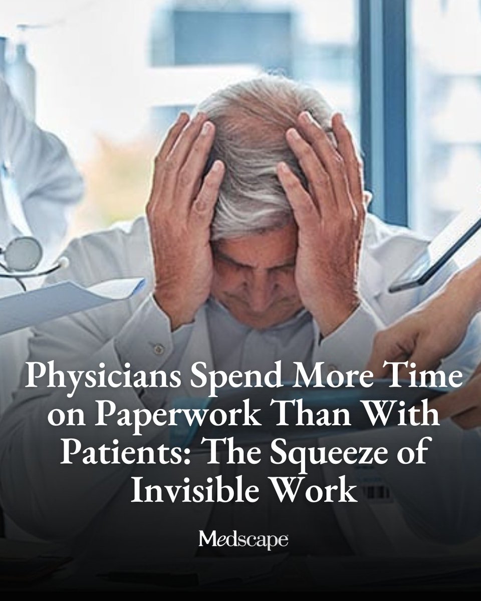 Medscape's tweet photo. Every doctor can get bogged down with an endless daily to-do list consisting of everything from pre-authorizations and prescription refill requests to handling in-box messages from the patient portal, and endless electronic health record tasks. 

These critical (but often invisible) tasks done “behind the scenes” usually take place before patients arrive in the early hours of the morning or at home late into the night — and are drivers of both burnout and exhaustion, with much of this non-patient work spilling into weekend and weeknight hours. https://t.co/yFXQUz8CHl