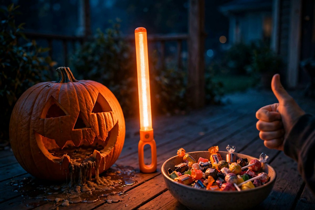UltraFire_HQ's tweet photo. The jack-o'-lantern's Halloween shift report: 🎃
7 PM: glowing. 8 PM: flickering. 9 PM: wax puddle.
Our porch, at midnight: still lit. Some of us brought a real light source. 🔦 https://t.co/AGonhlv8AG