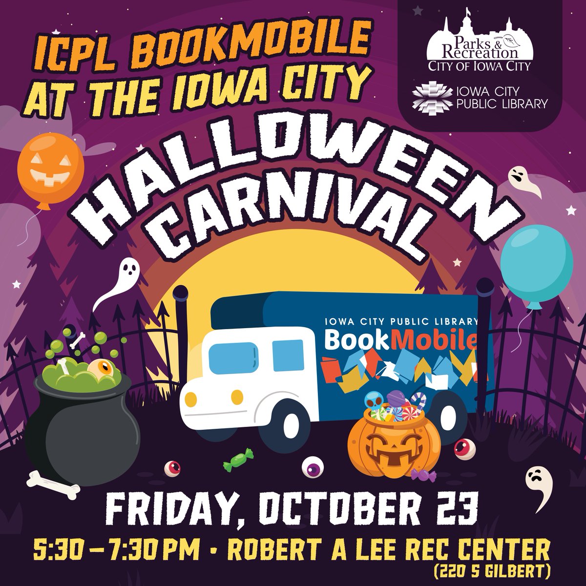 ICPL's tweet photo. Dress up and party with the ICPL Bookmobile at Iowa City Parks &amp; Recreation's Halloween Carnival on Friday, Oct. 23, from 5:30 to 7:30 p.m.! Enjoy Halloween-themed games, craft and STEAM activities, outdoor activity stations, and more. https://t.co/JO7SuL8t4p https://t.co/39tvh289by