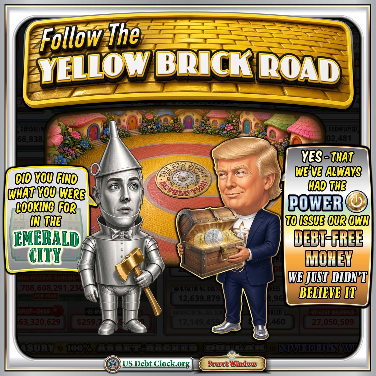 Jaxxrad's tweet photo. Let me explain, Frens.
IT'S SIMPLE 🙂

Tinman = "TIN" 
(Taxpayer Identification Number) 
who has been working under the debt system.

Trump is Holding the "Treasury Chest".
"ARTICLE 1, SECTION 8, CLAUSE 9"
Direct Treasury Issuance: Instead of the Treasury selling bonds to banks and then asking the central bank to manage notes or liquidity, Congress uses its constitutional "POWER" (Article I, Section 8, Clause 5) 
to authorize the Treasury to print or digitally issue dollars directly.
​No Debt Created: When the Treasury issues sovereign dollars to pay for government expenses, infrastructure, or public services, those dollars enter the economy as spendable currency without an equal and opposite debt instrument (bond) attached to them.
​Elimination of Interest Costs: Because the government is not borrowing the money into existence via bonds, taxpayers do not pay ongoing interest to bondholders or banking institutions on those funds.
"THIS IS WHAT HE FOUND IN THE EMERALD CITY (WASHINGTON D.C.)
FEDERAL RESERVE IS BEING DILUTED 
BY INJECTION OF THE TREASURY "DOLLAR"
YOU ARE BEEN SET FREE!