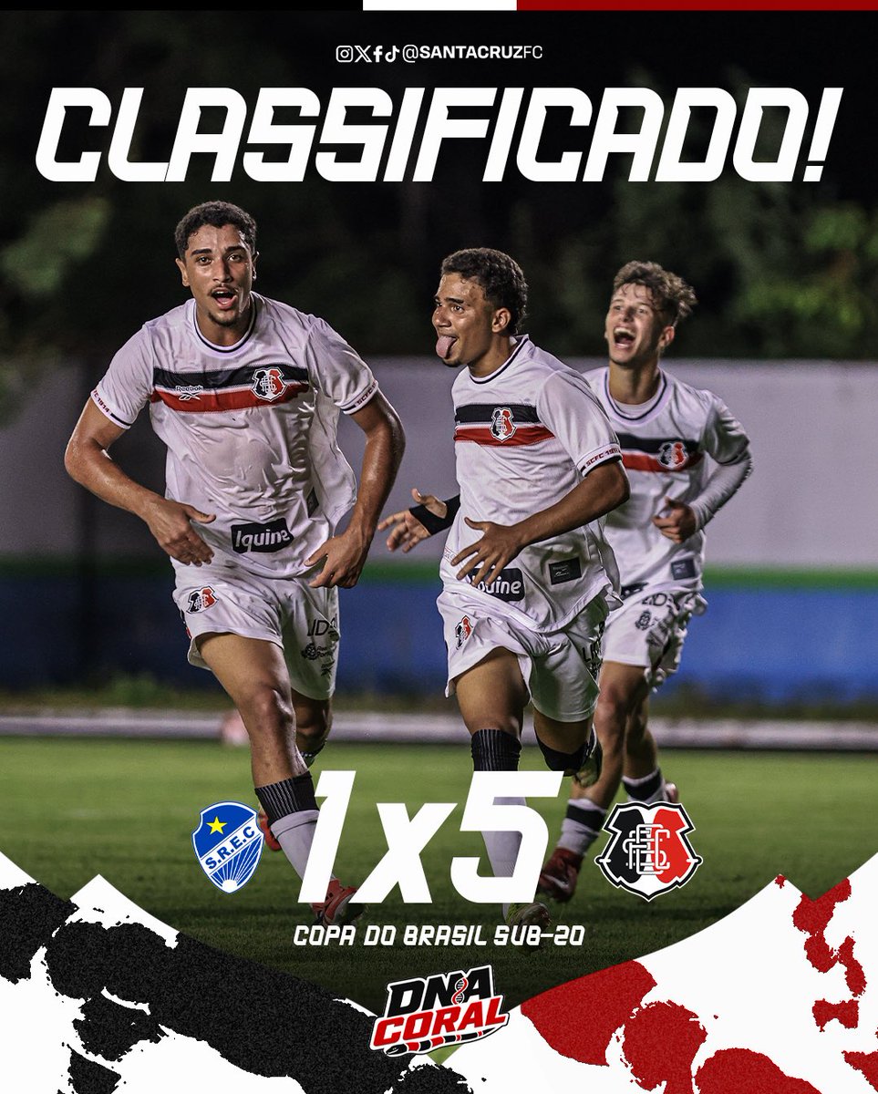 SantaCruzFC's tweet photo. CLASSIFICADO!🐍⚫️⚪️🔴

Em sua primeira participação na Copa do Brasil Sub-20, o Santa Cruz faz história! 
Após vencer o jogo de ida por 2 a 1, o Tricolor confirmou a classificação para as quartas de final com uma goleada por 5 a 1 sobre o São Raimundo, no jogo de volta. Uma classificação histórica! 

⚽ Gols: Sansão (2x), Hony (2x) e Caio

📸 @felipe.malz / @bv_esportes