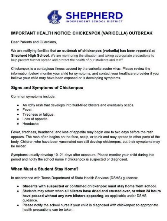 PathogenScribe's tweet photo. 🚨A Texas high school has declared a chickenpox outbreak, nearly two weeks after notifying families of a possible exposure.

Shepherd High School reports 3 confirmed cases and 4 suspected cases.

🧵 https://t.co/Am9eawR5j9