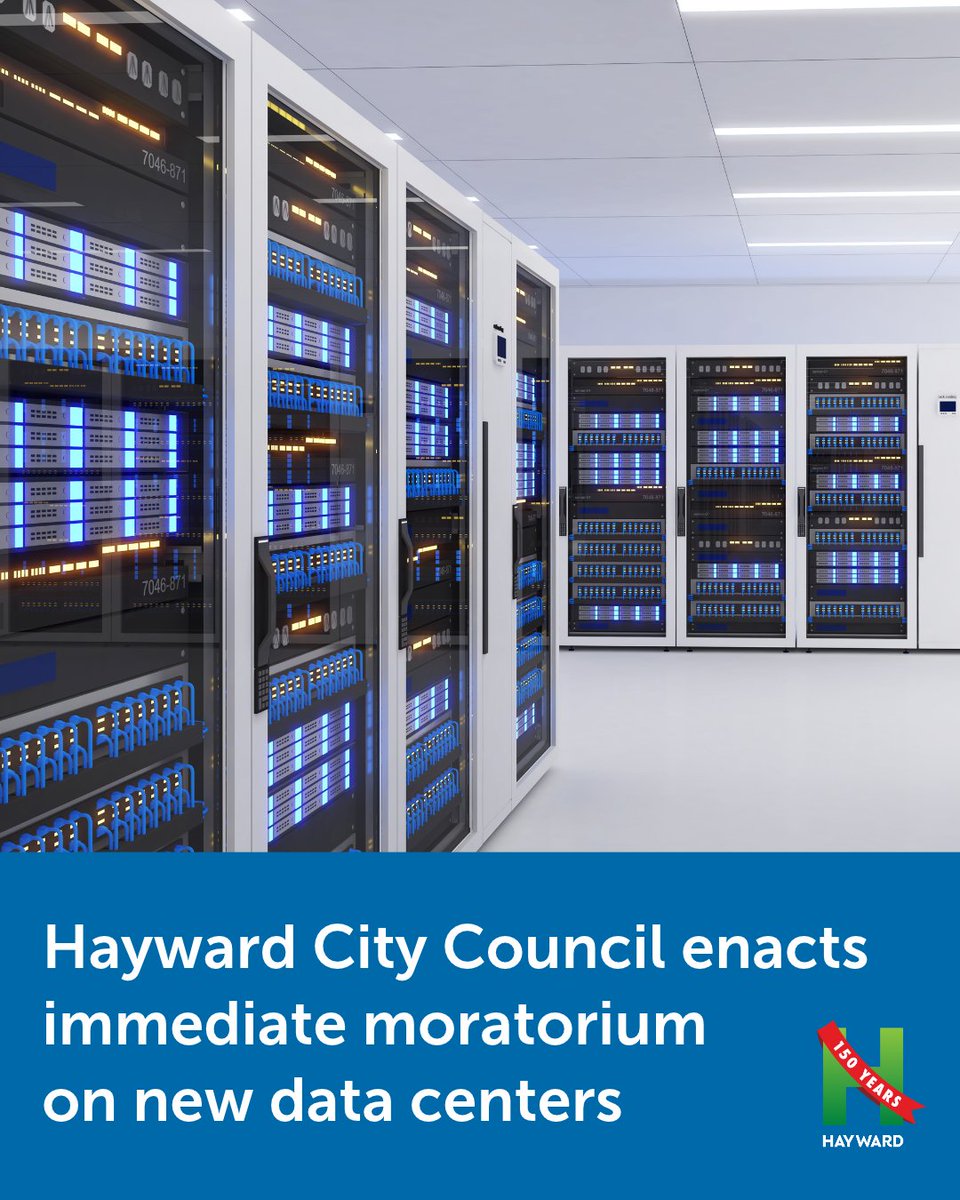 cityofhayward's tweet photo. The Hayward City Council voted unanimously on Tuesday to enact an immediate moratorium on consideration and approval of new data centers.

Learn more: https://t.co/Yrbjosjfkn https://t.co/FtSsfDSTy2