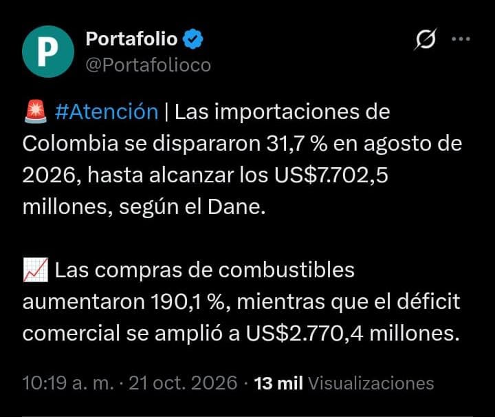 AlejoToroAnt's tweet photo. 🔴📉 Los propios datos del DANE desmienten la narrativa de Abelardo y los "grandes" medios de comunicación de la supuesta "patria milagro": se incrementan las importaciones, la compra de combustible y el déficit comercial. Hay un innegable retroceso en todos los ámbitos desde que inició esta administración. El pueblo debe estar en constante movilización para recuperar el país y los avances en materia económica y social logrados en el periodo de gobierno de @petrogustavo.