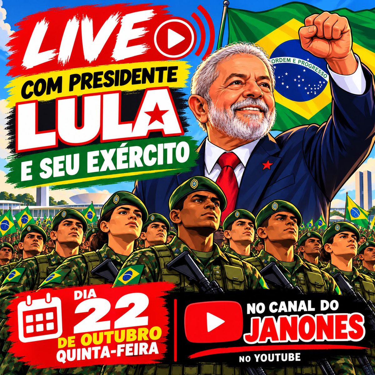 mandstu25's tweet photo. 🇧🇷🔥 É NESTA QUINTA-FEIRA, DIA 22!
📢 LIVE COM PRESIDENTE LULA E SEU EXÉRCITO, NO CANAL DO JANONES!
🚨 Preparem-se e não fiquem de fora! ✊❤ https://t.co/uCiafzqIc2