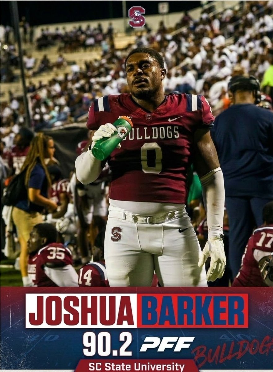 HBCUSports1's tweet photo. South Carolina State Joshua Barker ranked as the No.1 FCS and HBCU  Highest Graded Defensive Lineman with an elite 90.2 Pro Football Focus grade midway through the 2026 season https://t.co/lvCozhqnVX
