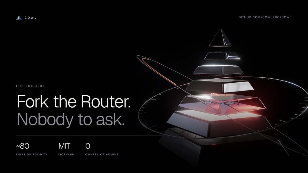 cowlhq's tweet photo. Building payments on Robinhood Chain?

The COWL Router is MIT licensed and about 80 lines. Fork it, read the tests, run them on a mainnet fork. It has no owner, so there's nobody to ask for permission. https://t.co/xtje5goQwX