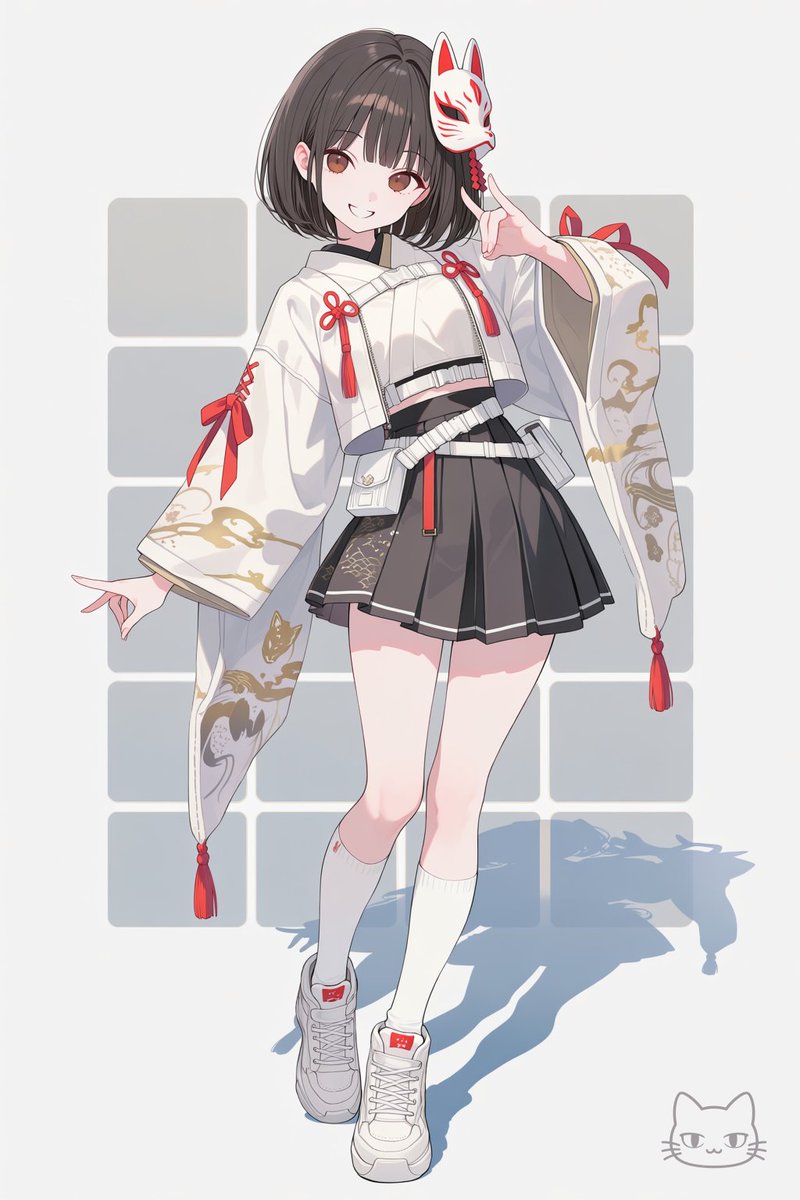 NEKOCANai's tweet photo. 稲荷
＜ファッションプロンプト＞
white cropped haori jacket, vermilion red ribbon details, black pleated skirt, layered utility belts, fox mask hair accessory, embroidered fox and rice motifs, white knee socks, chunky sneakers, stylish urban anime fashion, wearable outfit, full body