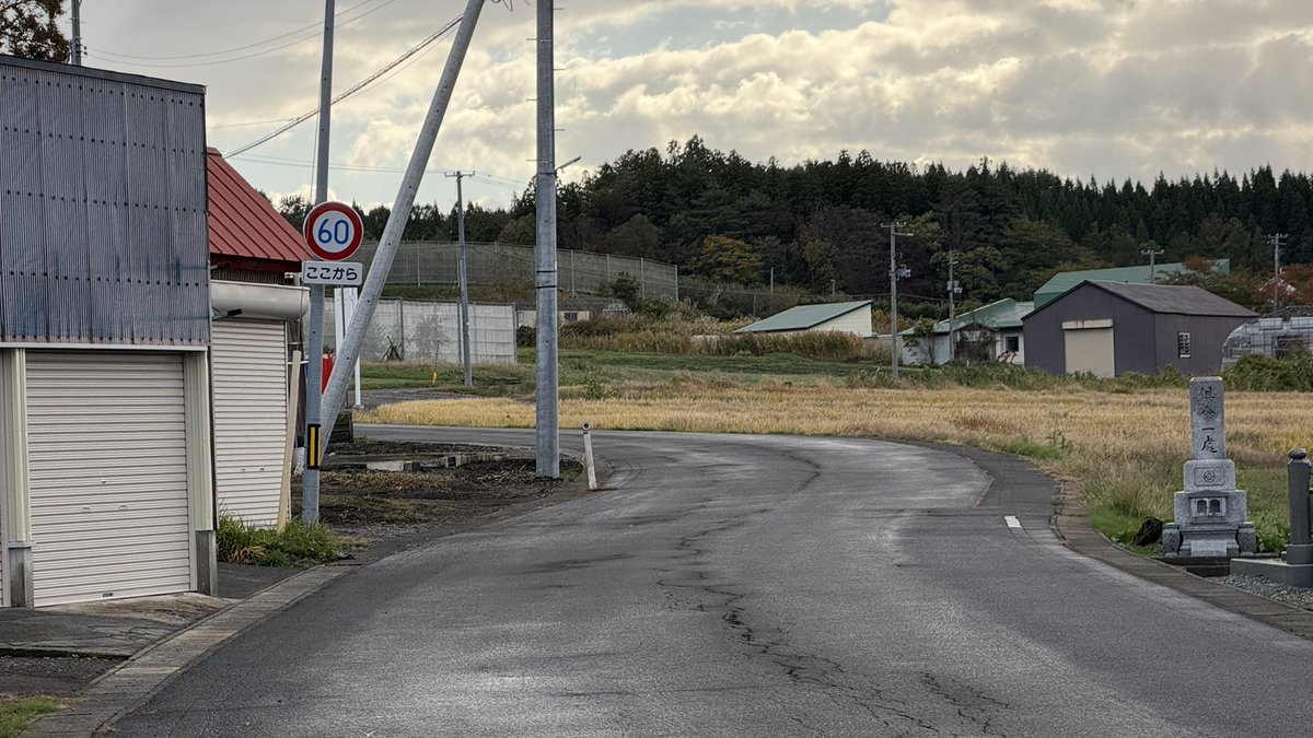 yyyy_yatatetsu's tweet photo. 青森県、りんご農園を抜けるセンターラインなしの道路に60キロ規制標識という化け物を生み出してた。改正後の法定速度にブチギレながら設置を決定してそう。 https://t.co/rvTMsUFyq6