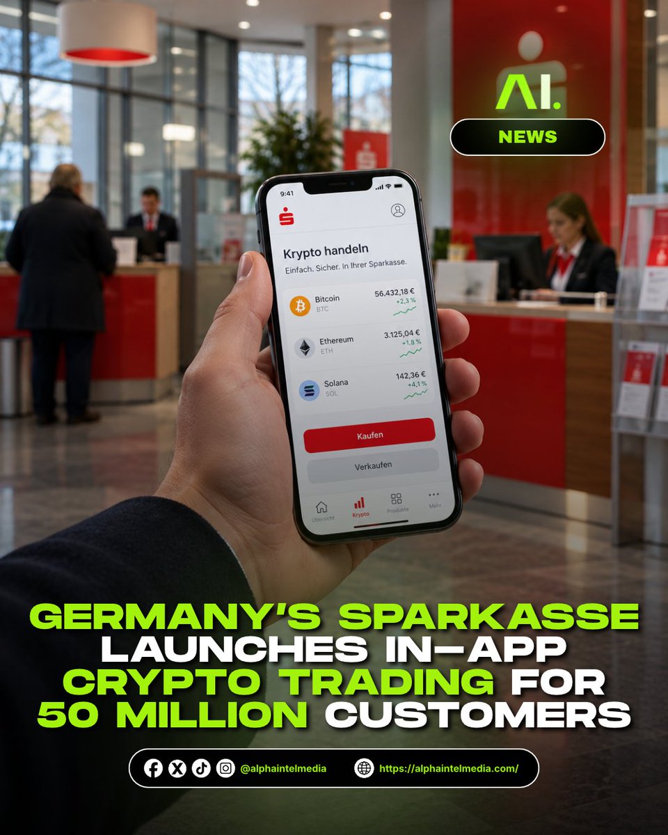 AlphaIntelMedia's tweet photo. 𝐆𝐞𝐫𝐦𝐚𝐧𝐲’𝐬 𝐥𝐚𝐫𝐠𝐞𝐬𝐭 𝐬𝐚𝐯𝐢𝐧𝐠𝐬 𝐛𝐚𝐧𝐤 𝐠𝐫𝐨𝐮𝐩 𝐢𝐬 𝐛𝐫𝐢𝐧𝐠𝐢𝐧𝐠 𝐜𝐫𝐲𝐩𝐭𝐨 𝐭𝐨 𝟓𝟎 𝐦𝐢𝐥𝐥𝐢𝐨𝐧 𝐜𝐮𝐬𝐭𝐨𝐦𝐞𝐫𝐬!  🇩🇪🪙 

Sparkasse has officially launched in-app trading for BTC, ETH, XRP, SOL, and POL directly inside its main banking app for just €0.99 per trade.  

#Sparkasse #Germany #CryptoNews #AlphaIntel