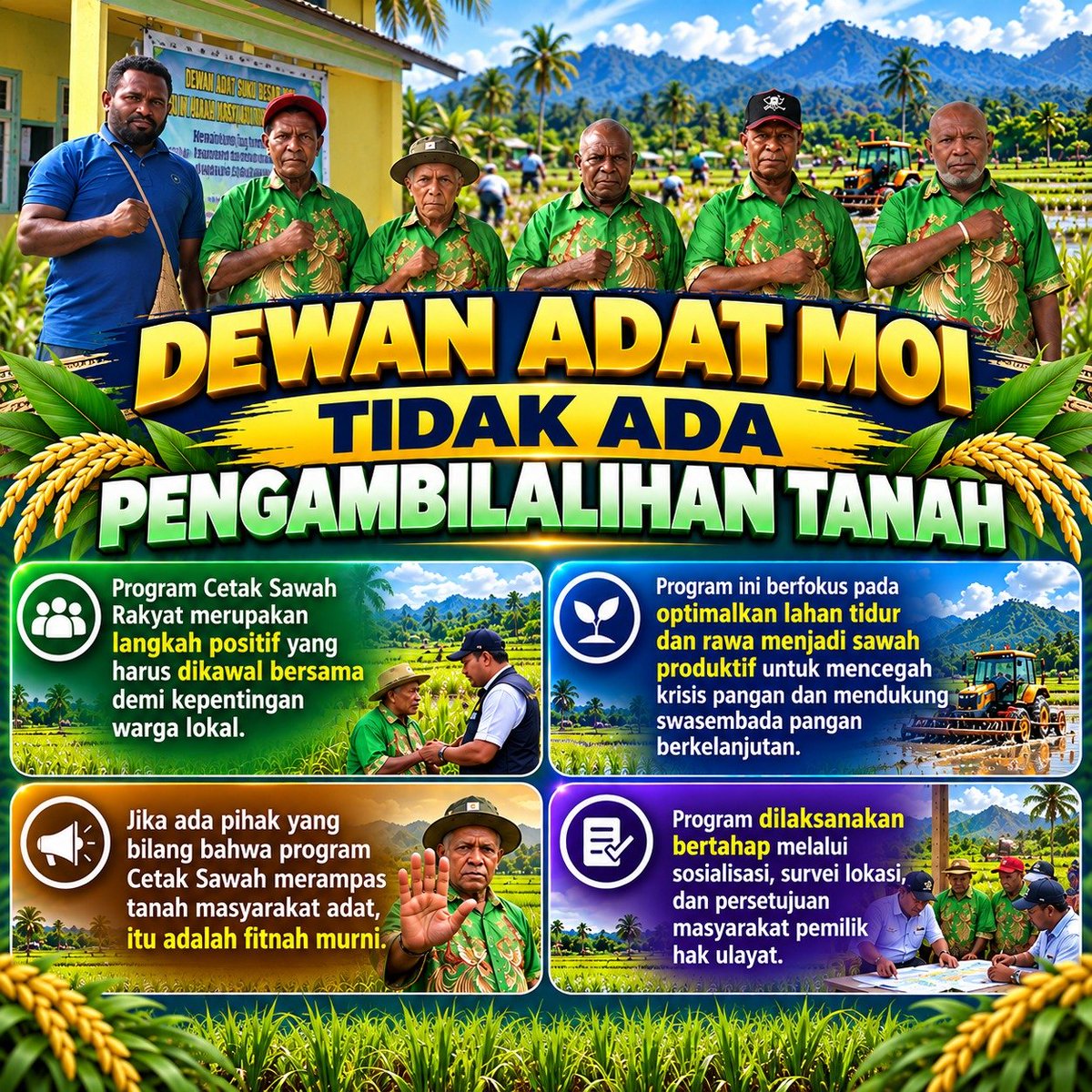 Niallmcculloug2's tweet photo. DEWAN ADAT MOI: TIDAK ADA PENGAMBILALIHAN TANAH!

Dewan Adat Suku Besar Moi mendukung Program Cetak Sawah Rakyat untuk memperkuat ketahanan pangan dan meningkatkan kesejahteraan masyarakat Papua Barat Daya.

#PapuaDamai
#PapuaSejahtera
#DewanAdatMoi https://t.co/YdDR1rQksJ