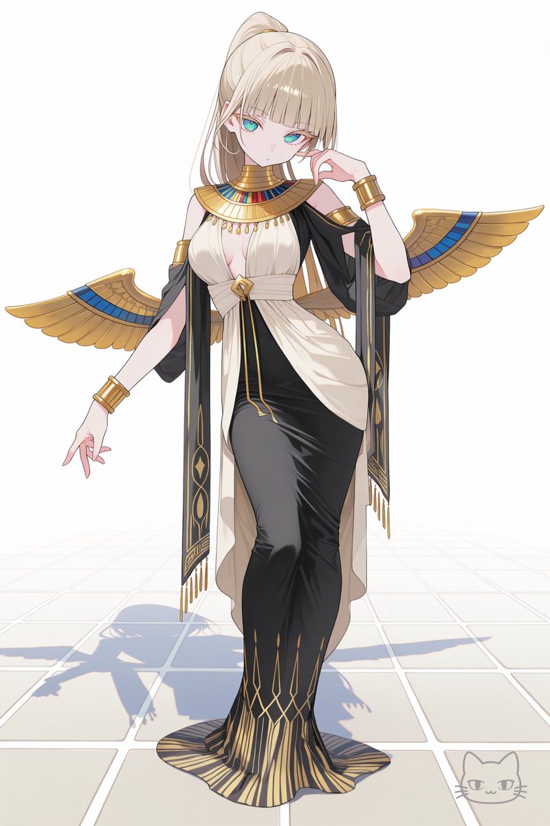 NEKOCANai's tweet photo. イシス
＜ファッションプロンプト＞
elegant black and ivory fitted dress, wide sculptural gold collar, geometric gold embroidery, wing-inspired sleeve panels, layered waist drape, gold cuff bracelets, refined ancient Egyptian motifs, luxurious contemporary runway fashion, regal and mysterious, full body,