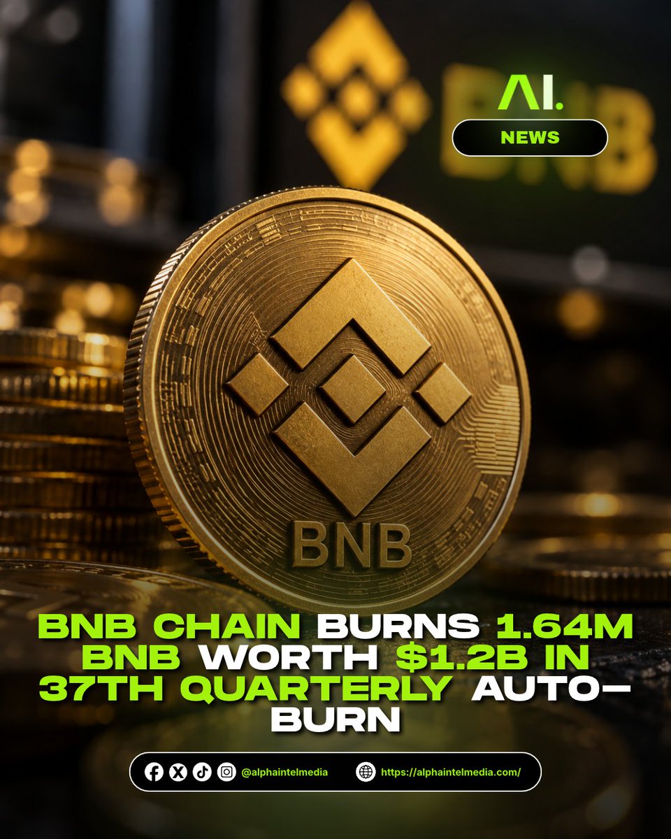 AlphaIntelMedia's tweet photo. 𝐁𝐍𝐁 𝐂𝐡𝐚𝐢𝐧 𝐡𝐚𝐬 𝐨𝐟𝐟𝐢𝐜𝐢𝐚𝐥𝐥𝐲 𝐜𝐨𝐦𝐩𝐥𝐞𝐭𝐞𝐝 𝐢𝐭𝐬 𝟑𝟕𝐭𝐡 𝐪𝐮𝐚𝐫𝐭𝐞𝐫𝐥𝐲 𝐀𝐮𝐭𝐨-𝐁𝐮𝐫𝐧, 𝐫𝐞𝐦𝐨𝐯𝐢𝐧𝐠 𝐨𝐯𝐞𝐫 𝟏.𝟔𝟒 𝐦𝐢𝐥𝐥𝐢𝐨𝐧 𝐁𝐍𝐁—𝐯𝐚𝐥𝐮𝐞𝐝 𝐚𝐭 𝐫𝐨𝐮𝐠𝐡𝐥𝐲 $𝟏.𝟐 𝐛𝐢𝐥𝐥𝐢𝐨𝐧—𝐟𝐫𝐨𝐦 𝐭𝐨𝐭𝐚𝐥 𝐜𝐢𝐫𝐜𝐮𝐥𝐚𝐭𝐢𝐨𝐧! 🪙🔥 

This latest burn brings the circulating supply down to 131.51 million coins as the network continues its push toward a 100 million total supply cap.  

#BNB #CryptoNews #TokenBurn #AlphaIntel
