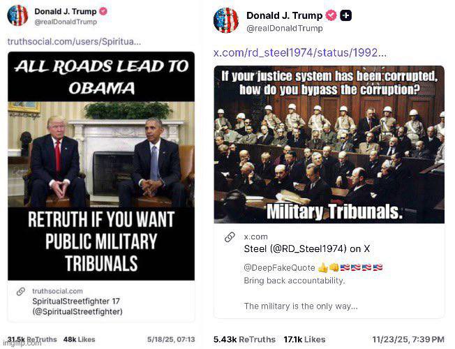 DTruthsQ's tweet photo. 🔻For those who are concerned about how we are going to prosecute all of this, Trump has been telling us the entire time.

Trump has repeatedly floated the idea of bypassing the corrupt justice system, and trying the criminals via Military Tribunals.

And before anyone says that this is not possible, you are incorrect. POTUS has the authority to designate American citizens as “unlawful enemy combatants” if they are caught collaborating with foreign adversaries, and they can be tried as terrorists via Military Tribunal. Speedy trials.

Trump and his administration (Stephen Miller) have also openly floated suspending Habeas Corpus and implementing Martial Law, which can be invoked during “invasions or rebellions”.

Don’t take my word for it, this was Trump’s idea, not mine. But I’m here to tell you, he is not joking or trolling. He’s dead serious.

Exercising Executive authority the easy part. Convincing the American People that it needs to be done, that’s the hard part, and that’s what we are doing right now.

THE NEXT DROP WILL BE SHOCKING.