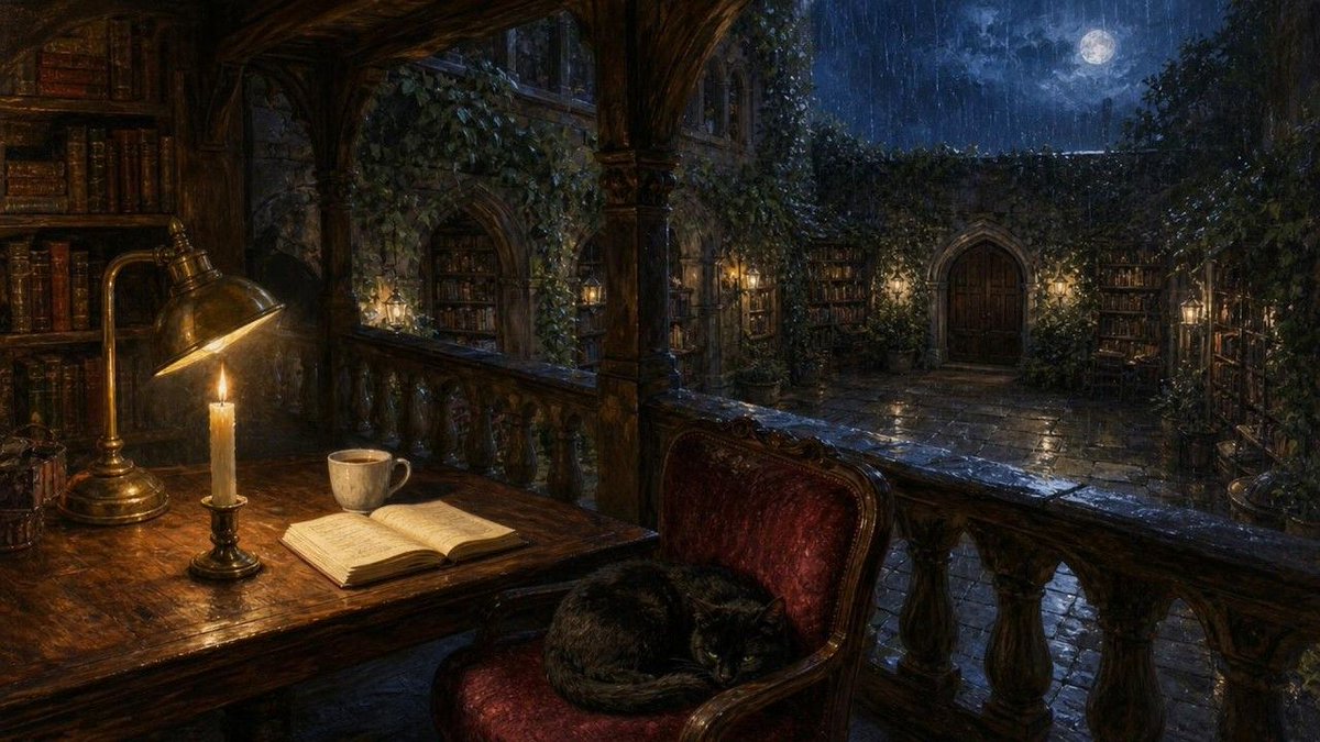 mochiloficafe's tweet photo. An extra library landing opens onto a moonlit courtyard. Rain stays beyond the glass, coffee steam rises, and Mochi has kept the velvet chair for you. Slow dark academia piano for reading 📚
https://t.co/xZbdX4BpfB https://t.co/fGCGiydjvw