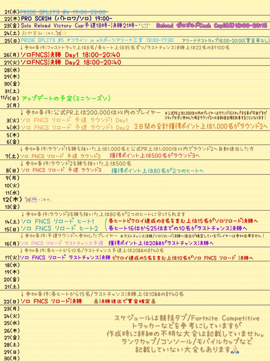 ayaM_aya13's tweet photo. 10/11今日は公式大会はおやすみですが
PRO SCRIM(バトロワ/ソロ)が19時から🌟

明日は18時からSolo Reload Victory Cup
⚠️参加条件は“チャンピオンランク“⚠️
お気をつけくださいっ🙏🏻
25日(土)にアリーナテストカップが追加(賞金等はなし)

では笑顔いっぱいの1日が
　過ごせますように🐈⁾⁾･:*+.☆ https://t.co/Ee70YpCD9c