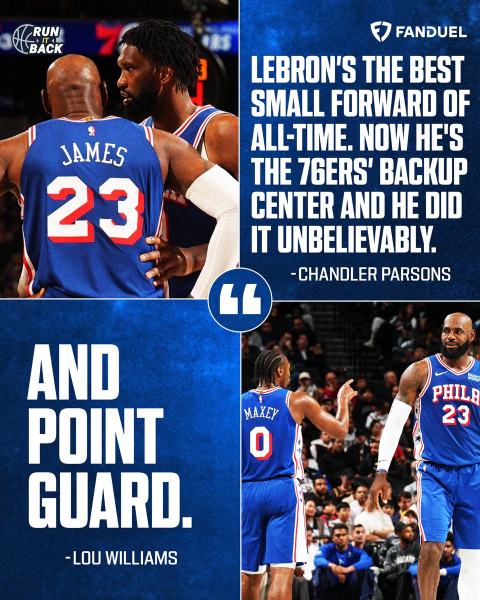 RunItBackFDTV's tweet photo. Is there anything LeBron James can’t do? 🐐

From Tyrese Maxey to Joel Embiid, Bron can fill in for any of his new teammates in Philly 🤝 https://t.co/iykzt0J1Do
