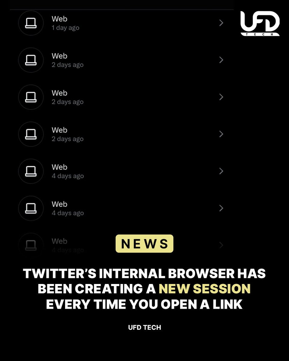 UFDTech's tweet photo. Users are discovering that Twitter has kept them logged into their browser sessions for every link they've clicked on mobile. This has led to people discovering thousands of sessions that need to be logged out of.

Source: https://t.co/GmaxlyXuQR https://t.co/Yi3wnPNI8d