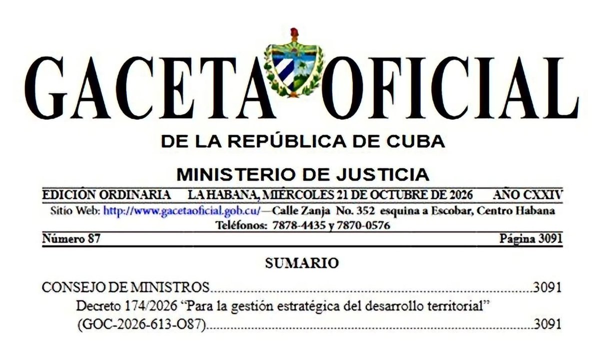 Elviraba2's tweet photo. Mediante la Gaceta Oficial de la República No. 87 del presente año fue publicado el Decreto No. 174/26 Para la gestión estratégica del desarrollo territorial y las normas complementarias.
#Matanzas
#GobMtz
#DesarrolloTerritorial
#TransformacionesEconómicasYSociales https://t.co/XVVGvXQcNc