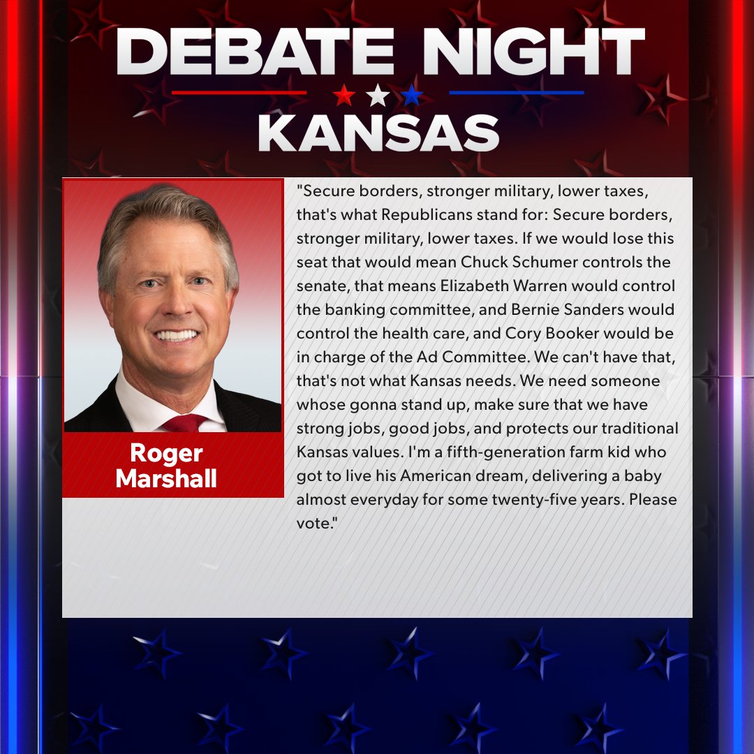 KSNNews's tweet photo. @RogerMarshallMD's closing statement: "Secure borders, stronger military, lower taxes, that's what Republicans stand for..."
#KSSenateDebate https://t.co/cvH2MoQZqk