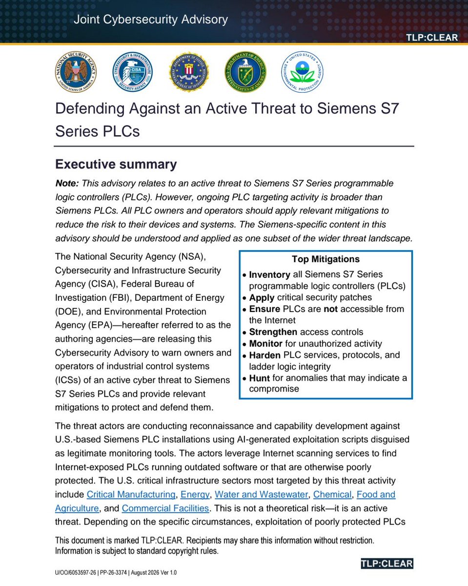 AndrewCurran_'s tweet photo. Regarding potential attacks on energy, food, and water infrastructure, the threat is quite real. Someone is currently probing infra and feeling it out, it is an active threat. Even a little preparation can be helpful, just in case. This comes from the joint cybersecurity advisory released by the NSA and partner agencies on August 19:

'The threat actors are conducting reconnaissance and capability development against U.S.-based Siemens PLC installations using Al-generated exploitation scripts disguised as legitimate monitoring tools. The actors leverage Internet scanning services to find Internet-exposed PLCs running outdated software or that are otherwise poorly protected. The U.S. critical infrastructure sectors most targeted by this threat activity include Critical Manufacturing, Energy, Water and Wastewater, Chemical, Food and Agriculture, and Commercial Facilities. This is not a theoretical risk - it is an active threat. Depending on the specific circumstances, exploitation of poorly protected PLCS could lead to disruption of critical industrial processes, safety incidents, downtime or equipment damage, compromise of sensitive data, compliance violations, and cascading impacts across interconnected systems.'

'Using Al to generate exploitation scripts represents an evolution in threat actor capabilities, dramatically reducing the technical expertise and time required to develop working ICS exploitation scripts and malicious tools. In addition, Al enables adversaries to rapidly leverage additional attack vectors and adapt to defensive measures. Threat actors can easily collect public information about vulnerabilities and weaknesses, find exposed and exploitable PLCs, and use Al-generated scripts to act on that information. If PLCs are exposed to the Internet, they are at high risk for exploitation.

Threat actors are leveraging open source industrial automation libraries - specifically snap7.d11/python-snap7 - combined with Al-assisted scripting to create custom tools that mimic legitimate OT monitoring solutions. These tools provide read/write access to Siemens S7 Series PLC memory, configuration data, and ladder logic programs via the S7comm protocol.'