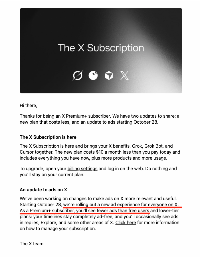 itschrisray's tweet photo. Wait, so I paid for a year of Premium+ upfront (pretty much soley to remove all ads from the platform) and X is just going to start showing them to me anyway?

Pretty awful, @elonmusk. Maybe X is starting to fall off... 🤔