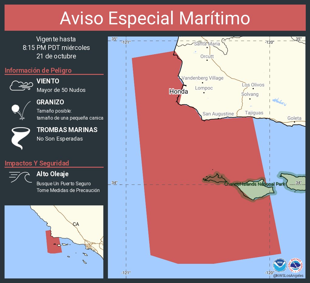 NWSLosAngeles's tweet photo. Aviso Especial Marítimo incluye Aguas desde Pt. Sal a Isla Santa Cruz CA y 60 mn al oeste incluyendo las Islas San Miguel y Santa Rosa y Canal Santa Barbara Este desde Pt. Conception a Pt. Mugu CA incluyendo Isla Santa Cruz hasta las 8:15 PM PDT https://t.co/njwflStHiM