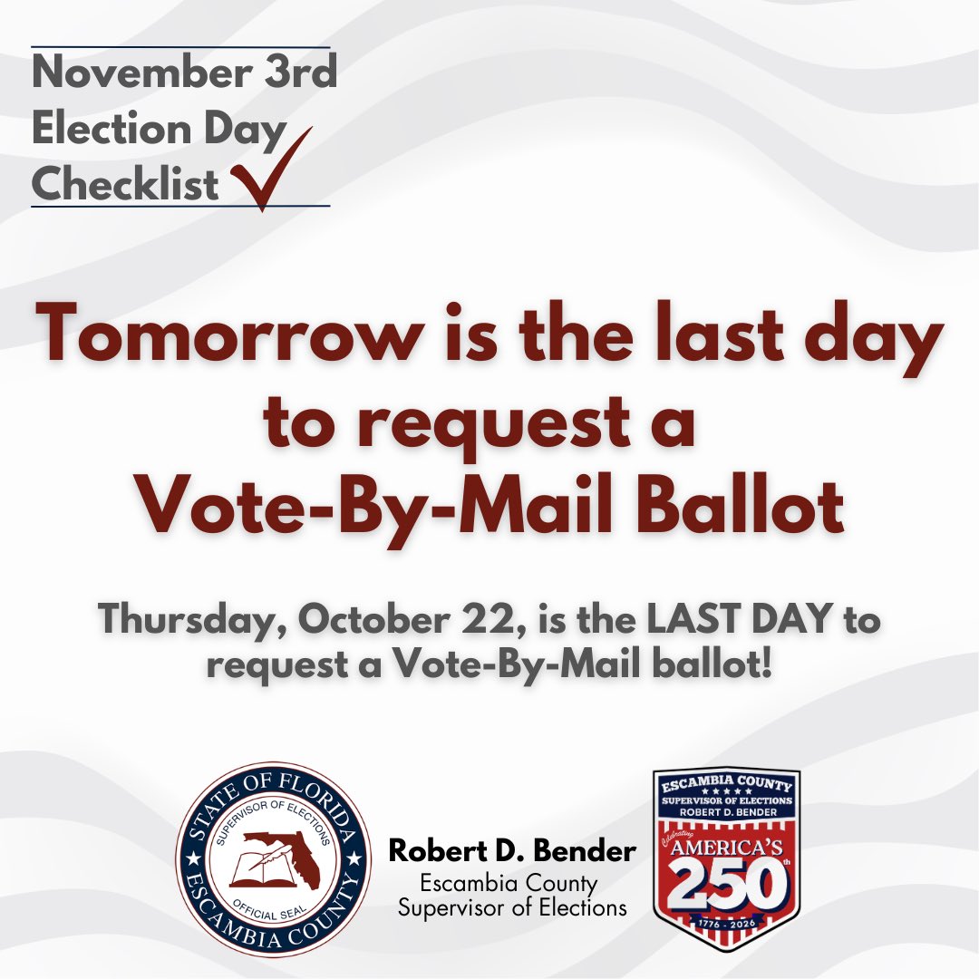 EscambiaVotes's tweet photo. If you’d like to request to a Vote-By-Mail Ballot, there’s still time, but you must renew your request by 5 p.m. Thursday, Oct. 22. Check link in bio for more information.
The General Election is on November 3rd! See you at the polls.
#vote #election #voterregistration https://t.co/rkk6t5wOSx