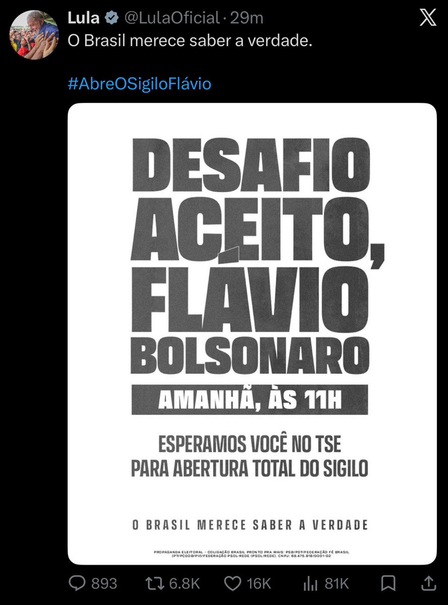 NewsLiberdade's tweet photo. 🚨URGENTE - Lula diz que aceitou o desafio de Flávio Bolsonaro e afirma que espera ele no TSE amanhã para a abertura do sigilo de todas as suas contas https://t.co/lUk3o4LNVZ