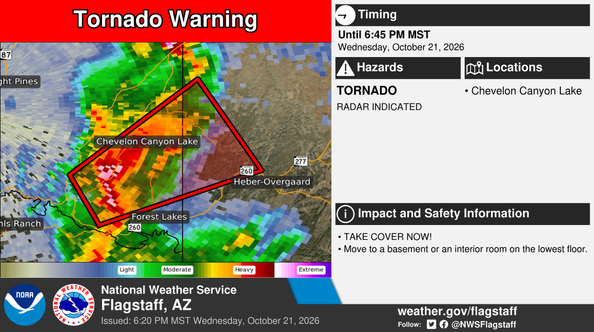 NWSFlagstaff's tweet photo. ⚠️ Tornado Warning ⚠️ in effect until 6:45 PM MST for portions of Coconino and Navajo Counties.

This includes Chevelon Canyon Lake. More info: https://t.co/sPZZjamPDw. #azwx https://t.co/td5srIj67z