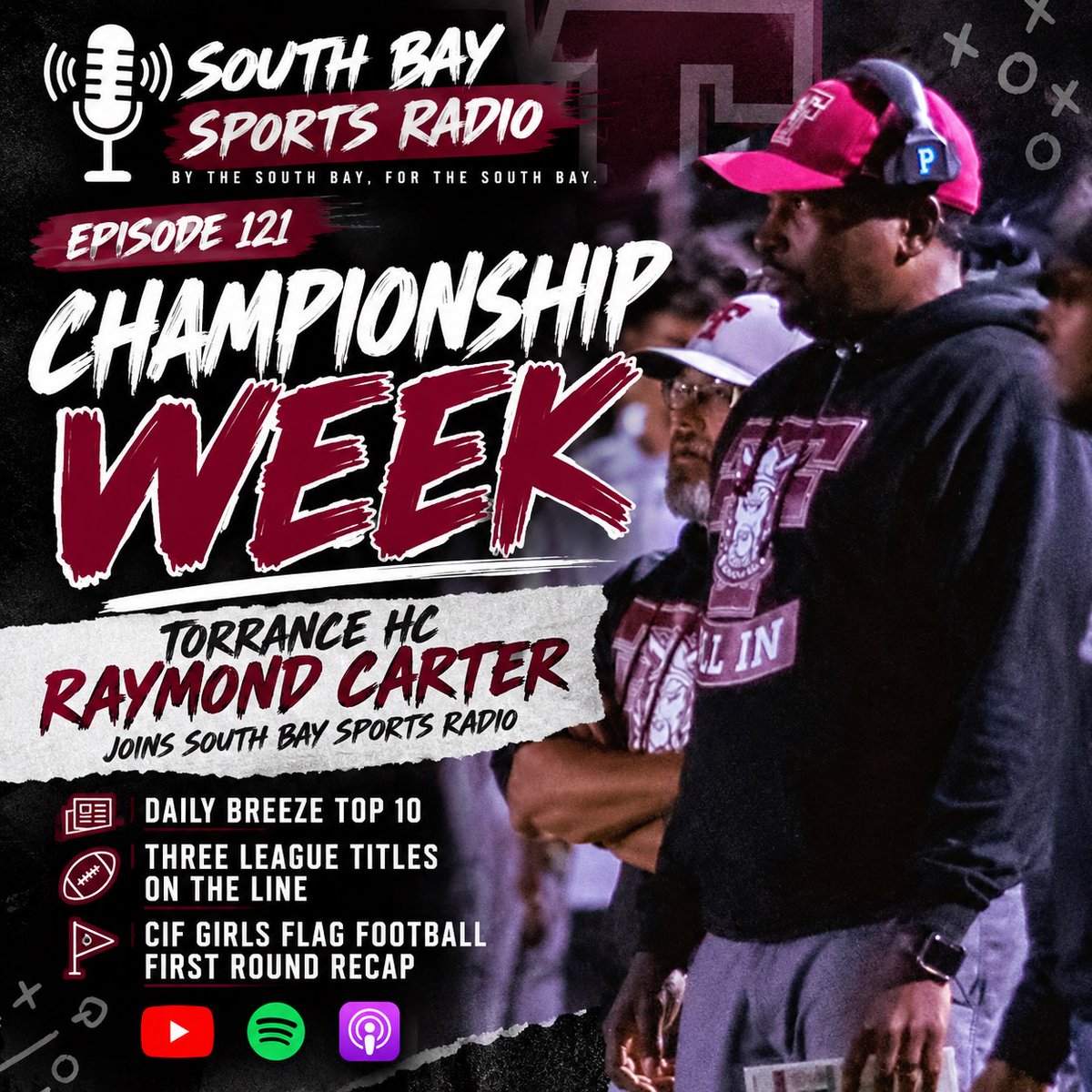 SBSportsRadio's tweet photo. Thursday. 11am. We welcome Torrance coach Raymond Carter ahead of Friday’s Pioneer League showdown with the high-flying Culver City Centaurs.  

🤞Streaming live on Twitter (@NickIngram310) &amp; YouTube (SouthBaySportsRadio) 

Full episode available Friday 9am https://t.co/x45Iznq7z6