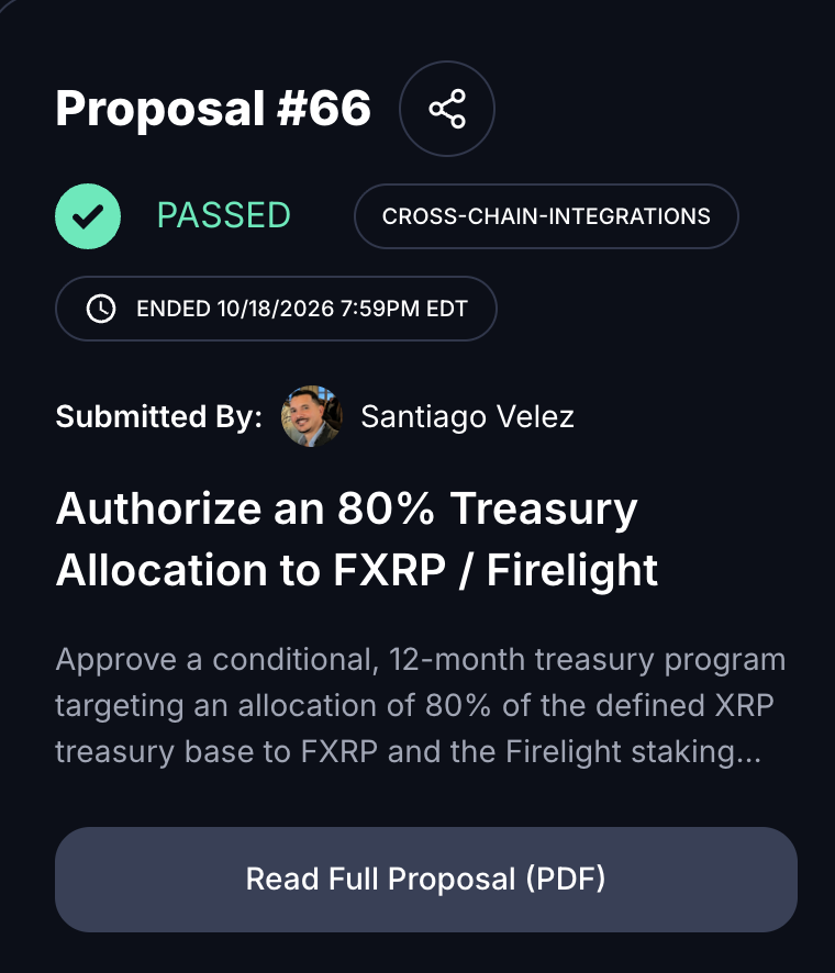 XAODAOLLC's tweet photo. 🏦 80% of the XAO DAO Treasury has been deployed to @Firelightfi for staking. 

The proposal passed with flying colors. 

No more idle ripple:native in our treasury. https://t.co/wjsQxRp6tC